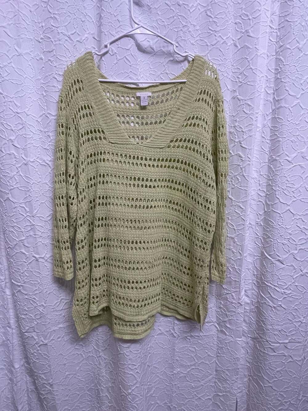 Chicos Open Knit Linen Blend V Neck Sweater 3 XL Lime Green Pullover Boho